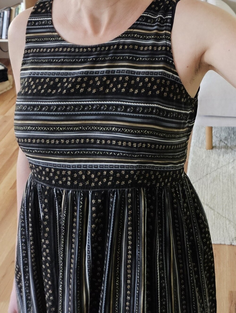 vtg stripe floral black cottage midi dress 90s y2k grunge boho indie urban - Picture 2 of 8